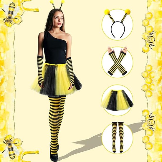 Bee Costume Set for Adults - Complete with Skirt, Headband, Stockings & Gloves - Cosplay & Party Outfit - Hilarious Halloween Costume for Adults