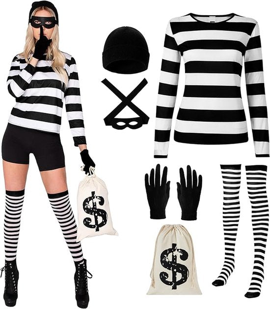 Halloween Robbery Costume Set for Adults - Complete with Shirt, Hat & Accessories - Universal Size - For Parties & Theme Parties