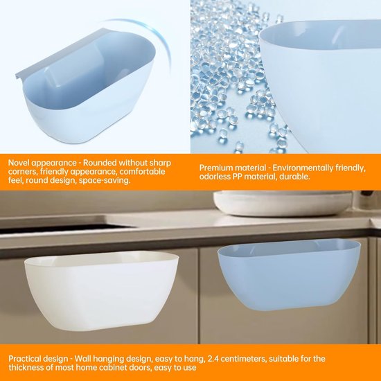 Wall-Mounted Waste Bins - Pack of 2 - Kitchen Waste Bins, Hanging Bins, Kitchen Waste Bins - Hanging Storage Boxes - White and Blue