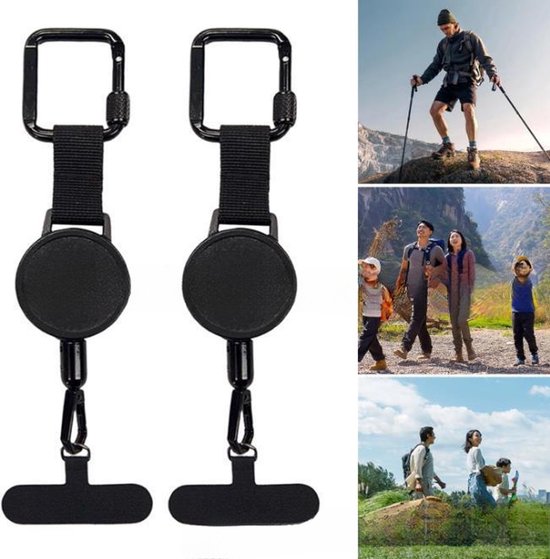 Extendable anti-theft phone buckle - 2-piece - Phone cord with carabiner - Suitable for travel and hiking - Phone accessories - Black