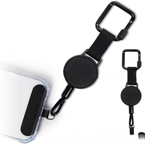 Extendable anti-theft phone buckle - 2-piece - Phone cord with carabiner - Suitable for travel and hiking - Phone accessories - Black