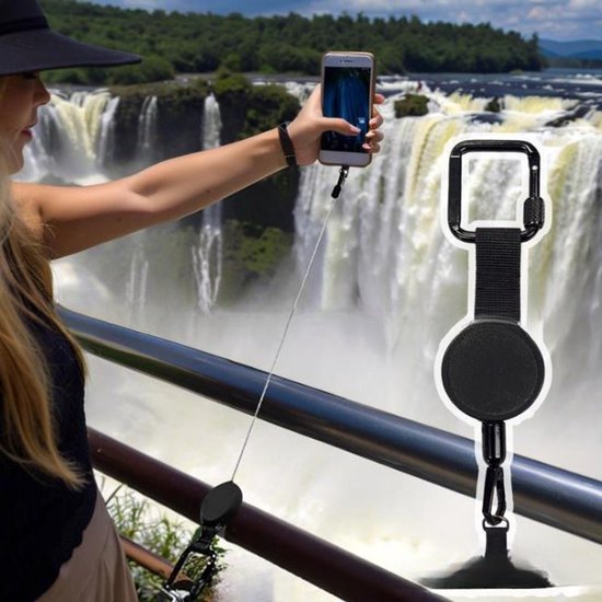 Extendable anti-theft phone buckle - 2-piece - Phone cord with carabiner - Suitable for travel and hiking - Phone accessories - Black