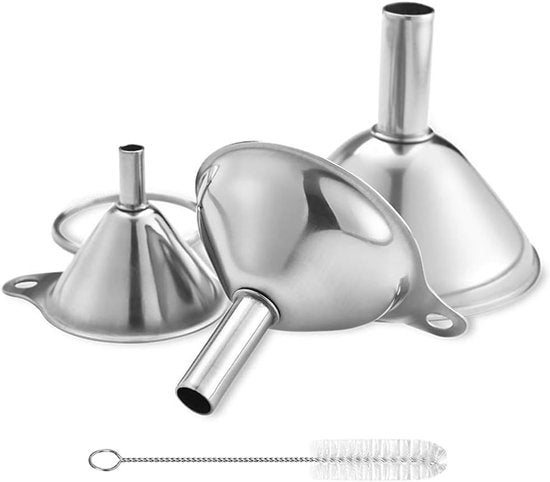 Funnels - Set of 3 - Stainless Steel Funnels - Food Grade Mini Kitchen Funnels - For transferring essential oils and liquids; small funnels for filling bottles, flasks, and boiling.