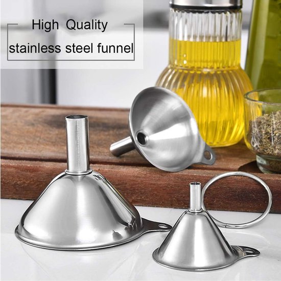 Funnels - Set of 3 - Stainless Steel Funnels - Food Grade Mini Kitchen Funnels - For transferring essential oils and liquids; small funnels for filling bottles, flasks, and boiling.