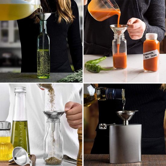 Funnels - Set of 3 - Stainless Steel Funnels - Food Grade Mini Kitchen Funnels - For transferring essential oils and liquids; small funnels for filling bottles, flasks, and boiling.