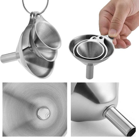Funnels - Set of 3 - Stainless Steel Funnels - Food Grade Mini Kitchen Funnels - For transferring essential oils and liquids; small funnels for filling bottles, flasks, and boiling.