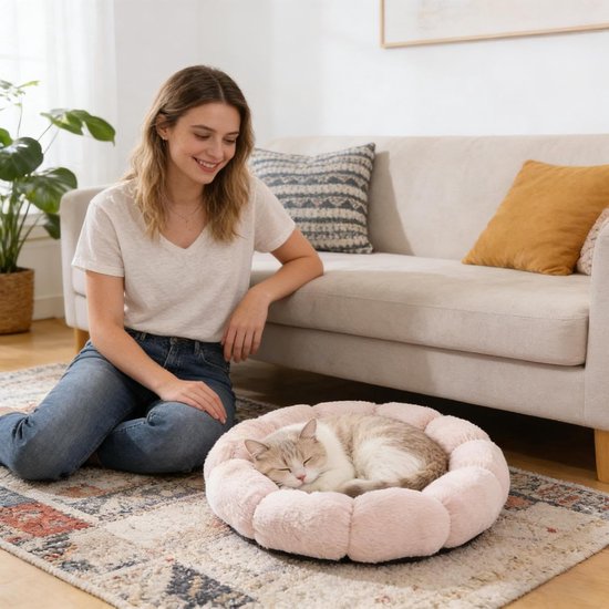 Cat basket - Warm basket for autumn/winter - Round cat basket - Dog mat - Dog basket - Cat basket for home - Pet basket - Pink - 50 cm