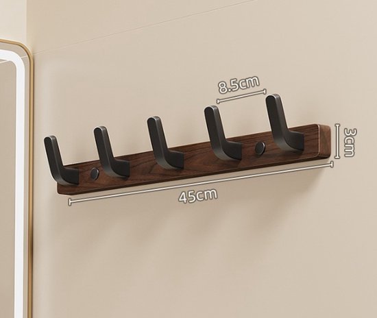 Coat rack - Wall coat rack - Coat rack with hooks - Storage rack - 45 × 3 cm - Wooden coat rack - Walnut - 5 hooks - Walnut wood color