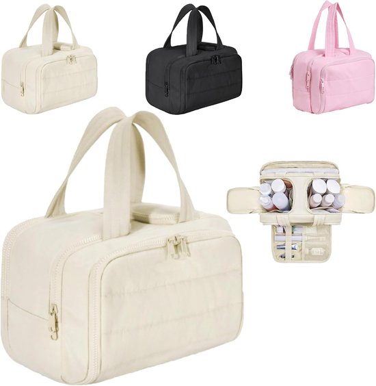 Multi-Zip Makeup Bag - Toiletry Bag - Spacious Storage, Organized Layered Design with Carry Handle - Ideal for Travel &amp; Daily Use (Beige)