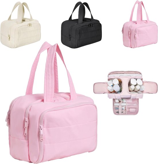 Multi-Zip Makeup Bag - Toiletry Bag - Spacious Storage, Organized Layered Design with Carry Handle - Ideal for Travel &amp; Daily Use（Pink）