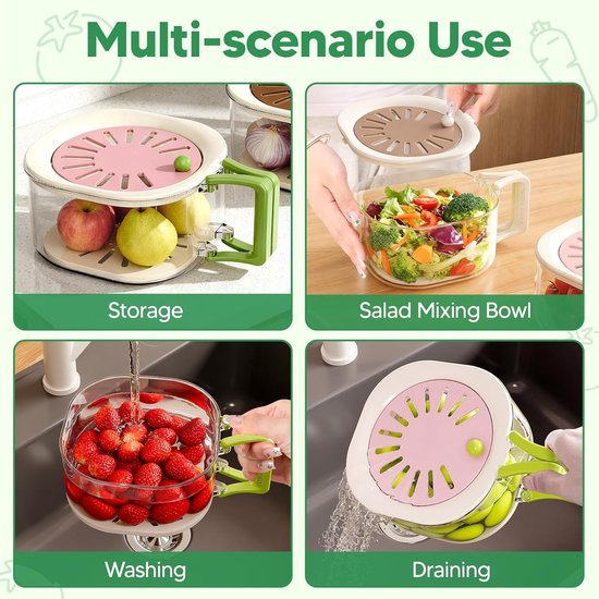 Multifunctional Fruit Washing Basket with Colander and Lid - 2-in-1 Drain Basket & Fruit Colander - Suitable for Kitchen, Refrigerator, Picnic and Camping - Pink