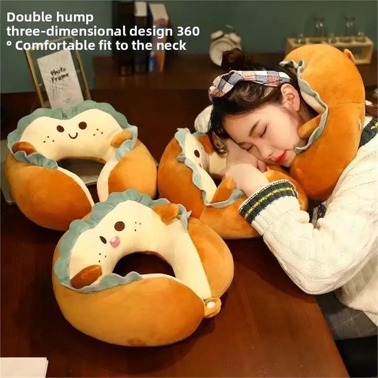 U-Shaped Neck Pillow Made of Soft Plush - Cute Bread Design - Breathable & Comfortable Travel Pillow for Neck Support