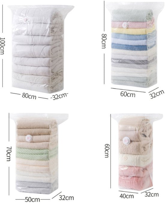 4-Piece Clothing Storage Bags - Compression Bags - Vacuum Bags for Sealing Blankets - Suitable for Travel Clothes - Reusable - Space-Saving - With Manual Press or Air Pump - Suitable for Clothes, Pillows, Duvets and Bed Linen
