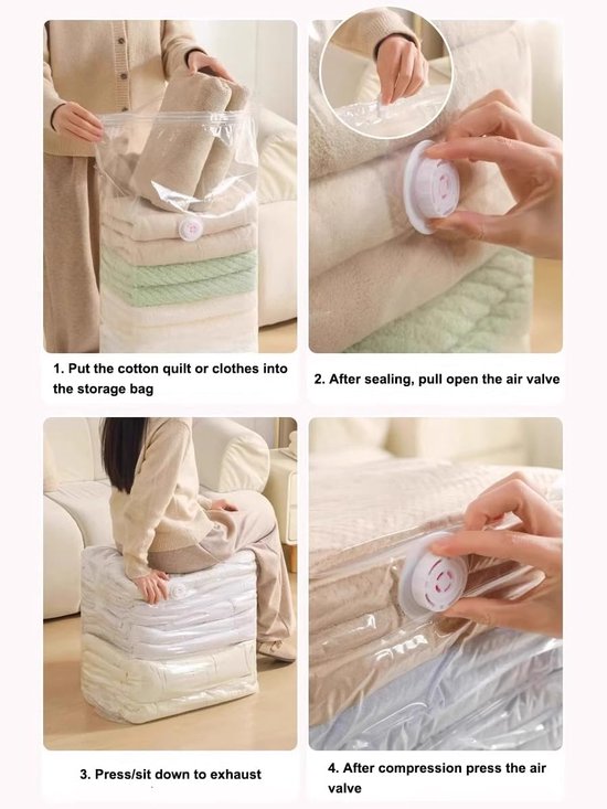 4-Piece Clothing Storage Bags - Compression Bags - Vacuum Bags for Sealing Blankets - Suitable for Travel Clothes - Reusable - Space-Saving - With Manual Press or Air Pump - Suitable for Clothes, Pillows, Duvets and Bed Linen