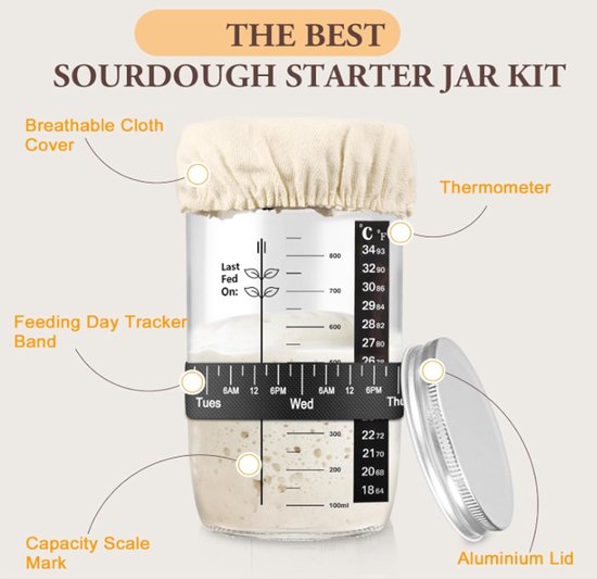 730ml Sourdough Fermentation Jar in a Glass Jar | Includes stirring spoon, measuring cup, and fabric cover - for dough, bread baking, and sourdough fermentation