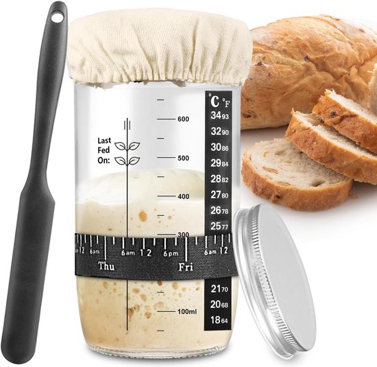 1000ml Sourdough Fermentation Jar in a Glass Jar | Includes stirring spoon, measuring cup, and fabric cover - for dough, bread baking, and sourdough fermentation