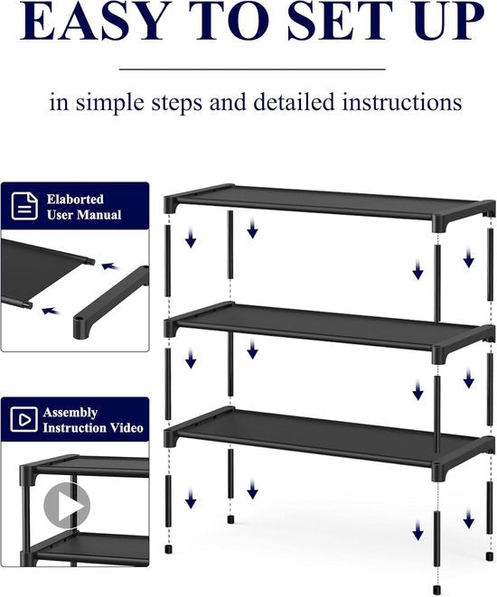 Shoe Rack - 3-Tier Storage Rack - Stackable - 27.5 Inch Wide - Black