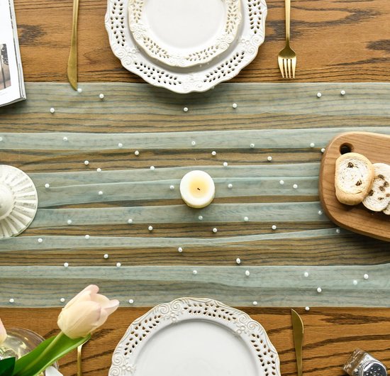 Light Green Table Veil with White Pearls - Silky Gauze 30x120 Inches - For Weddings, Parties & Table Decorations