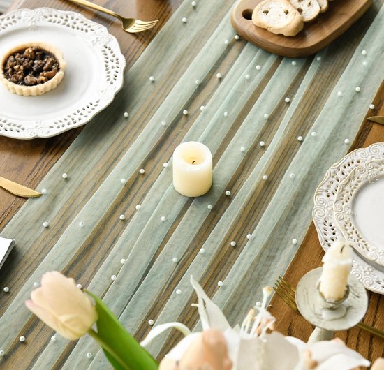 Light Green Table Veil with White Pearls - Silky Gauze 30x120 Inches - For Weddings, Parties & Table Decorations