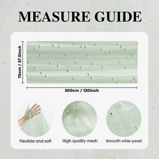 Light Green Table Veil with White Pearls - Silky Gauze 30x120 Inches - For Weddings, Parties & Table Decorations