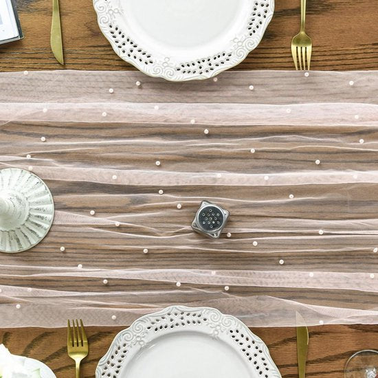 Pink Table Veil with White Pearls - Silky Gauze 30x120 Inches - For Weddings, Parties & Table Decorations