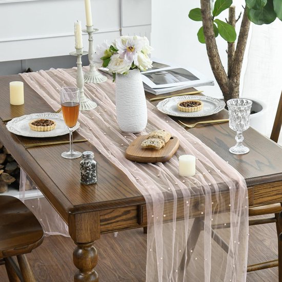 Pink Table Veil with White Pearls - Silky Gauze 30x120 Inches - For Weddings, Parties & Table Decorations