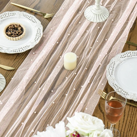Pink Table Veil with White Pearls - Silky Gauze 30x120 Inches - For Weddings, Parties & Table Decorations