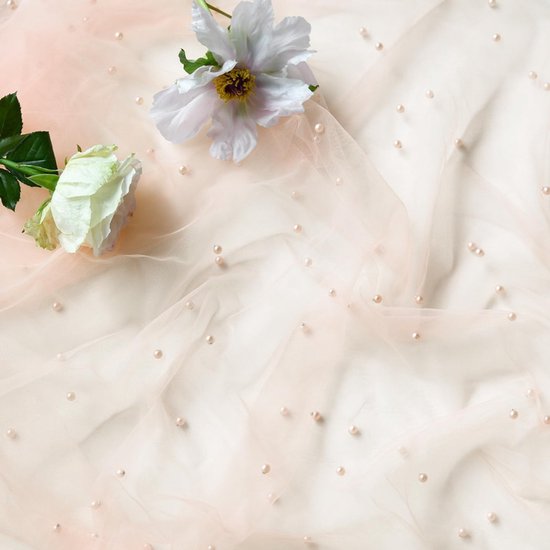 Pink Table Veil with White Pearls - Silky Gauze 30x120 Inches - For Weddings, Parties & Table Decorations