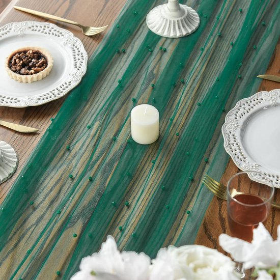 Yellow Table Veil with White Pearls - Silky Gauze 30x120 Inches - For Weddings, Parties & Table Decorations