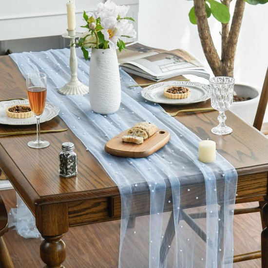 Light Blue Table Veil with White Pearls - Silky Gauze 30x120 Inches - For Weddings, Parties & Table Decorations