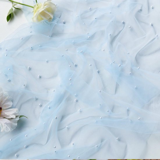 Light Blue Table Veil with White Pearls - Silky Gauze 30x120 Inches - For Weddings, Parties & Table Decorations