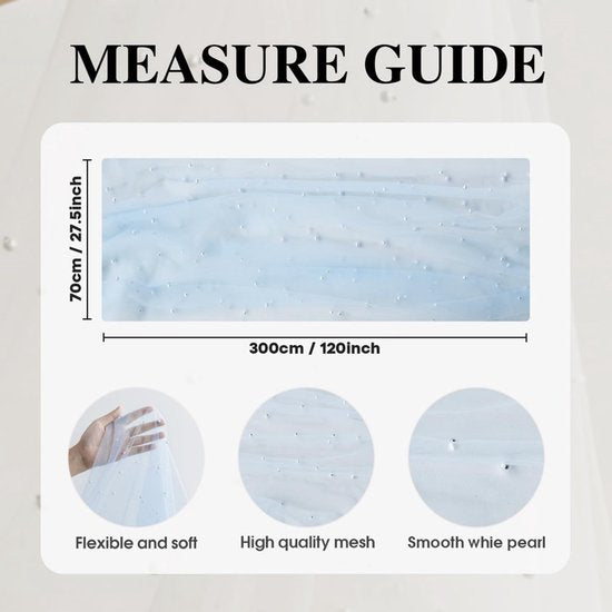 Light Blue Table Veil with White Pearls - Silky Gauze 30x120 Inches - For Weddings, Parties & Table Decorations