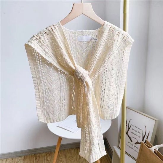 Knitted Openwork Shoulder Dress - Lightweight Cardigan &amp; Scarf in One - Solid Color Goes With Everything - White
