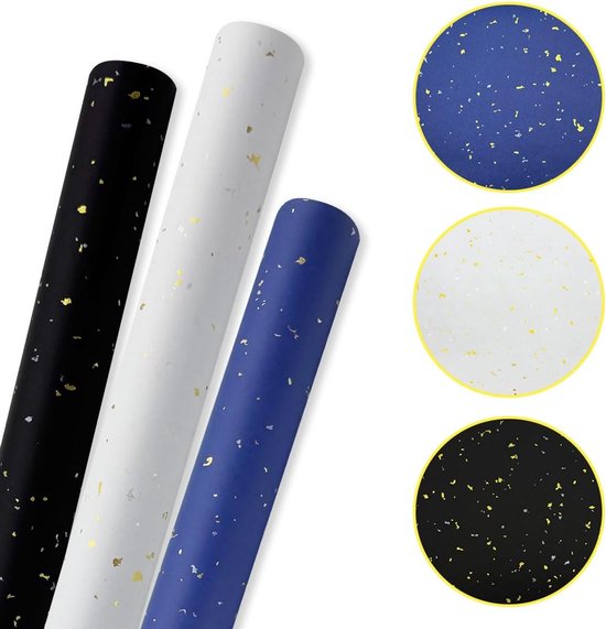 3 Rolls of Birthday Wrapping Paper - 43cm x 3m Per Roll - Blue, White & Black - Large Roll of Recyclable Paper