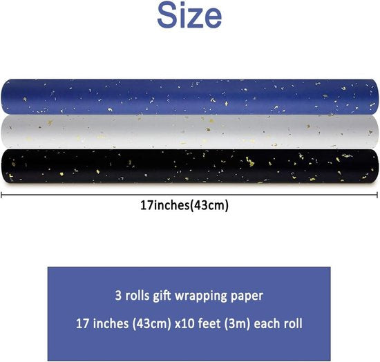 3 Rolls of Birthday Wrapping Paper - 43cm x 3m Per Roll - Blue, White & Black - Large Roll of Recyclable Paper