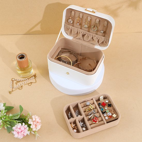 Travel Jewelry Case - 2 Layers with Velvet & Detachable Compartments - For Necklaces, Earrings & Bracelets - White