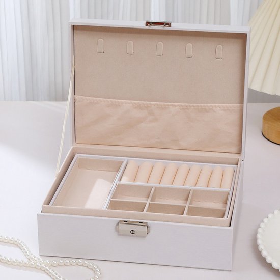 2-Tier Jewelry Box - With Removable Drawer &amp; Lock - Large Storage Capacity for All Jewelry - White