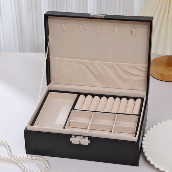 2-Tier Jewelry Box - With Removable Drawer & Lock - Large Storage Capacity for All Jewelry - Black