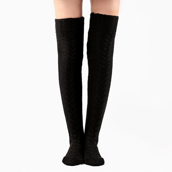High Thigh Socks - Long Knee Socks with Cables - Warm & Versatile - For Sizes 36-40 - Black