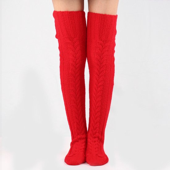 High Thigh Socks - Long Knee Socks with Cables - Warm & Versatile - For Sizes 36-40 - Red