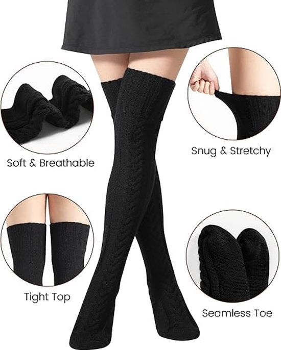 High Thigh Socks - Long Knee Socks with Cables - Warm & Versatile - For Sizes 36-40 - Dark Gray