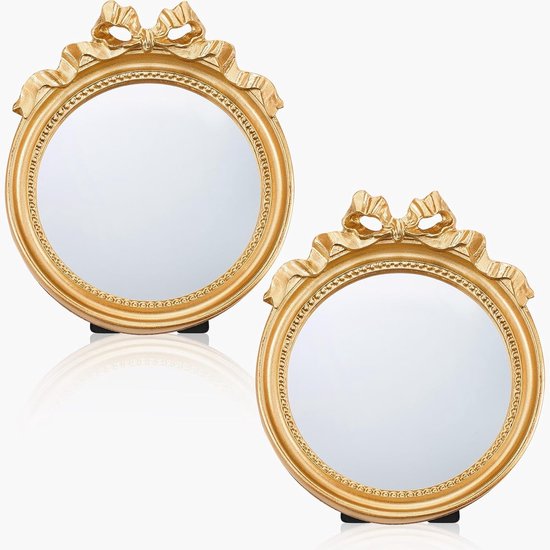 2 pcs small vintage wall mirror - round gold wall mirror - hanging mirror - portable mirror with handle - dressing table mirror - makeup tools for women - bedroom decoration