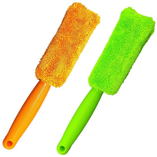 Brushes - Set of 2 soft microfiber metal-free car rim and wheel brushes - Scratch-free tire brushes - for cleaning wheels - Universal accessory for washing car tires (orange and green)