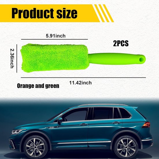 Brushes - Set of 2 soft microfiber metal-free car rim and wheel brushes - Scratch-free tire brushes - for cleaning wheels - Universal accessory for washing car tires (orange and green)
