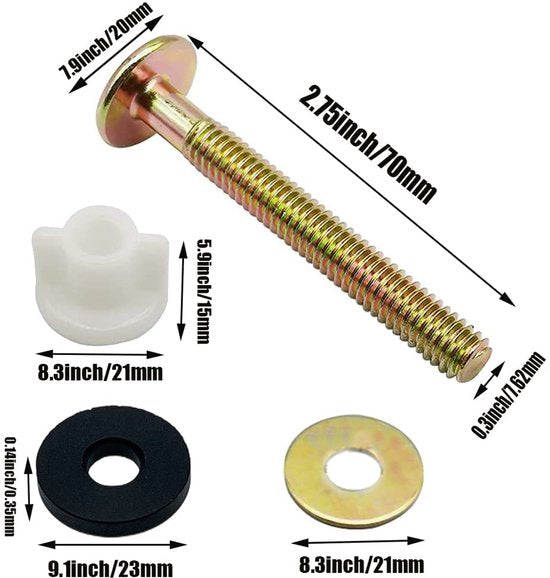 2-Piece Universal Toilet Seat Bolt and Screw Set - Heavy Duty Toilet Seat Hinge - With White Plastic Nut - Metal and Rubber Washers - Replacement parts for top-mounted toilet seat hinge