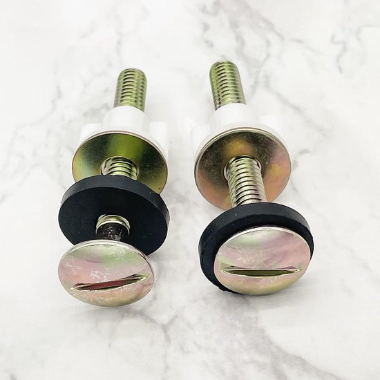 2-Piece Universal Toilet Seat Bolt and Screw Set - Heavy Duty Toilet Seat Hinge - With White Plastic Nut - Metal and Rubber Washers - Replacement parts for top-mounted toilet seat hinge