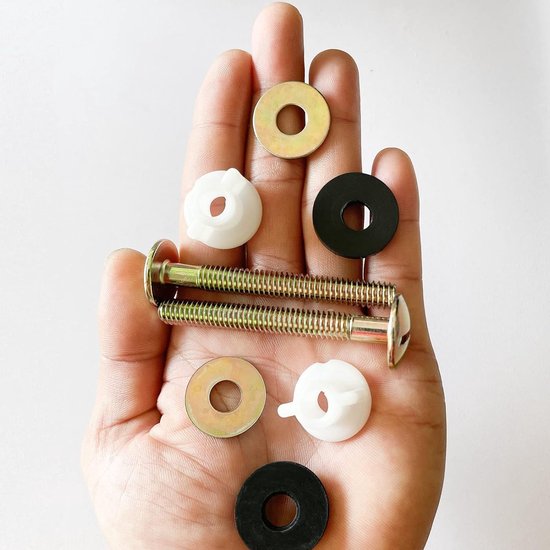 2-Piece Universal Toilet Seat Bolt and Screw Set - Heavy Duty Toilet Seat Hinge - With White Plastic Nut - Metal and Rubber Washers - Replacement parts for top-mounted toilet seat hinge