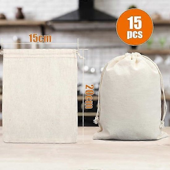 Storage Bags - Fabric Bags 20 x 15 cm - Pack of 15 Cotton Bags - Linen Drawstring Bags - Small Reusable Gift Bags - Cotton Bags - Canvas Bags - DIY - Coffee