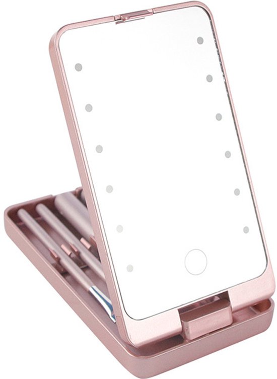 LED Makeup Mirror - Lighted Makeup Mirror - Set of 5 Makeup Brushes - Brush Storage - Cover - Dustproof - Pink