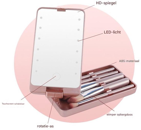 LED Makeup Mirror - Lighted Makeup Mirror - Set of 5 Makeup Brushes - Brush Storage - Cover - Dustproof - Pink